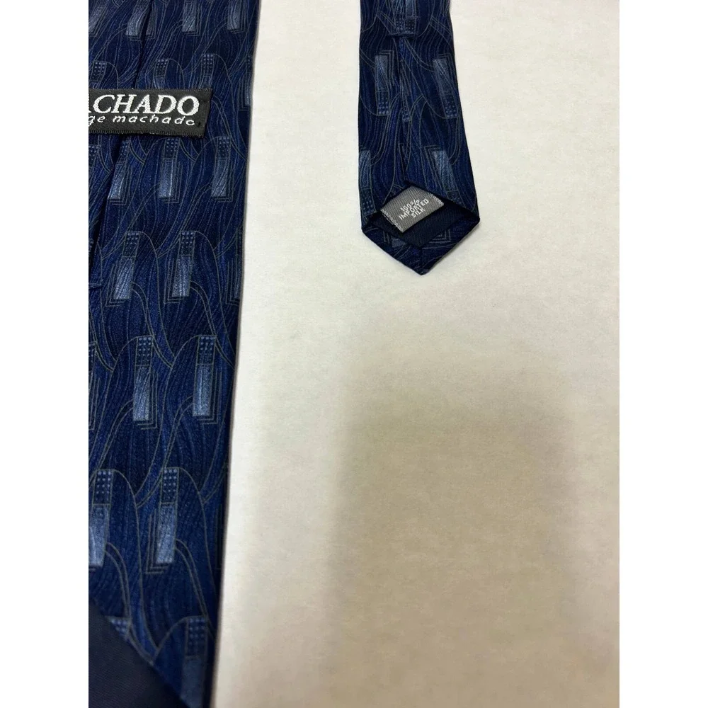 George Machado Necktie Mens One Size Navy Blue Geometric 100% Silk Designer Logo